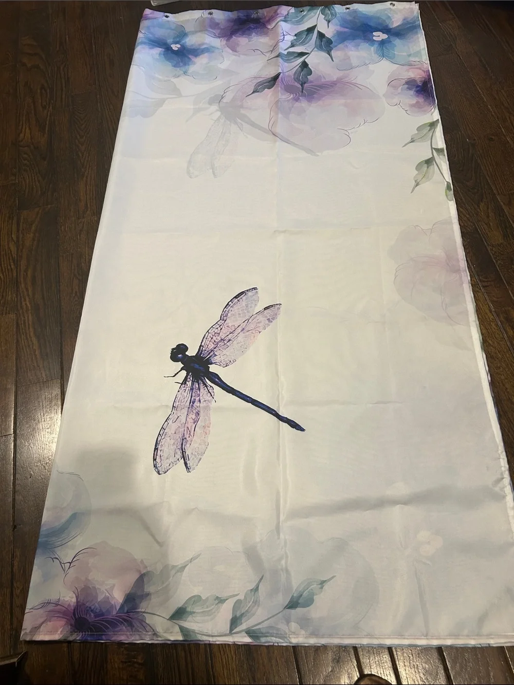 Dragonfly Floral shower curtain in Lavender and Blue with dragonfly hooks